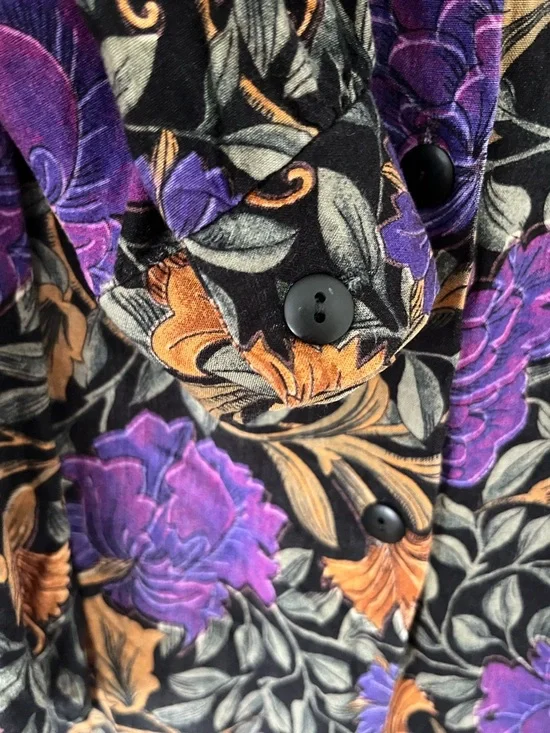 Vintage 90s Exposé Black & Purple Floral Button Up Long Sleeve Shirt Retro Large - Picture 4 of 11